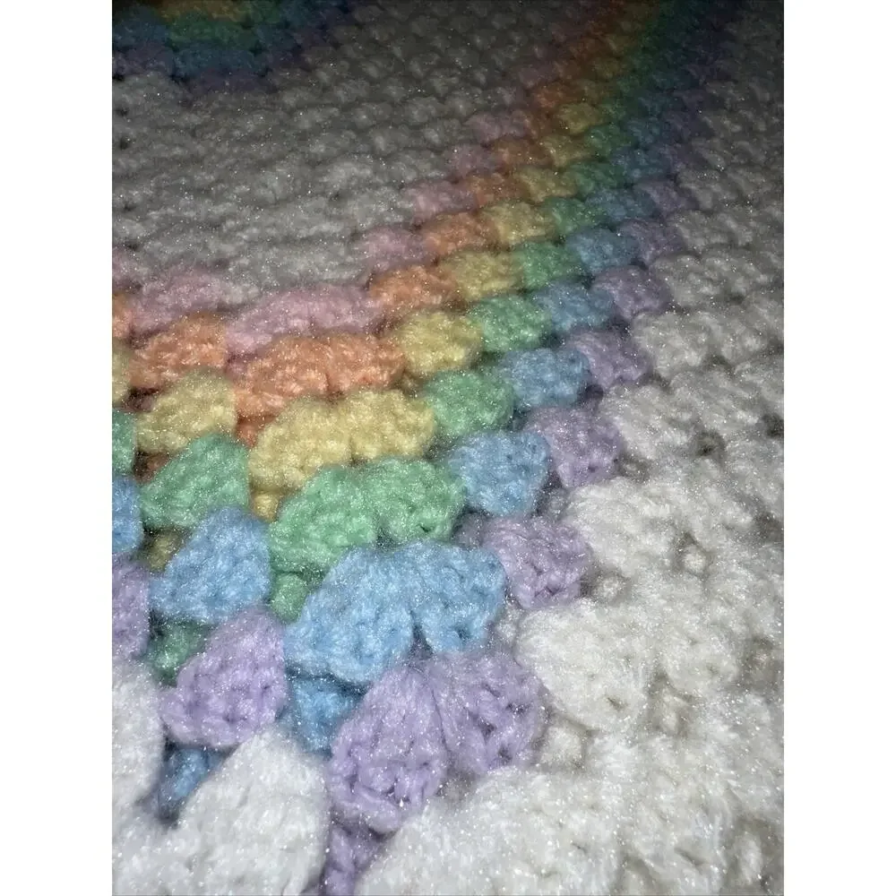 NEW Pastel Rainbow Crochet Knit Blanket 3‎ Feet 3' White Baby Boy Girl Square